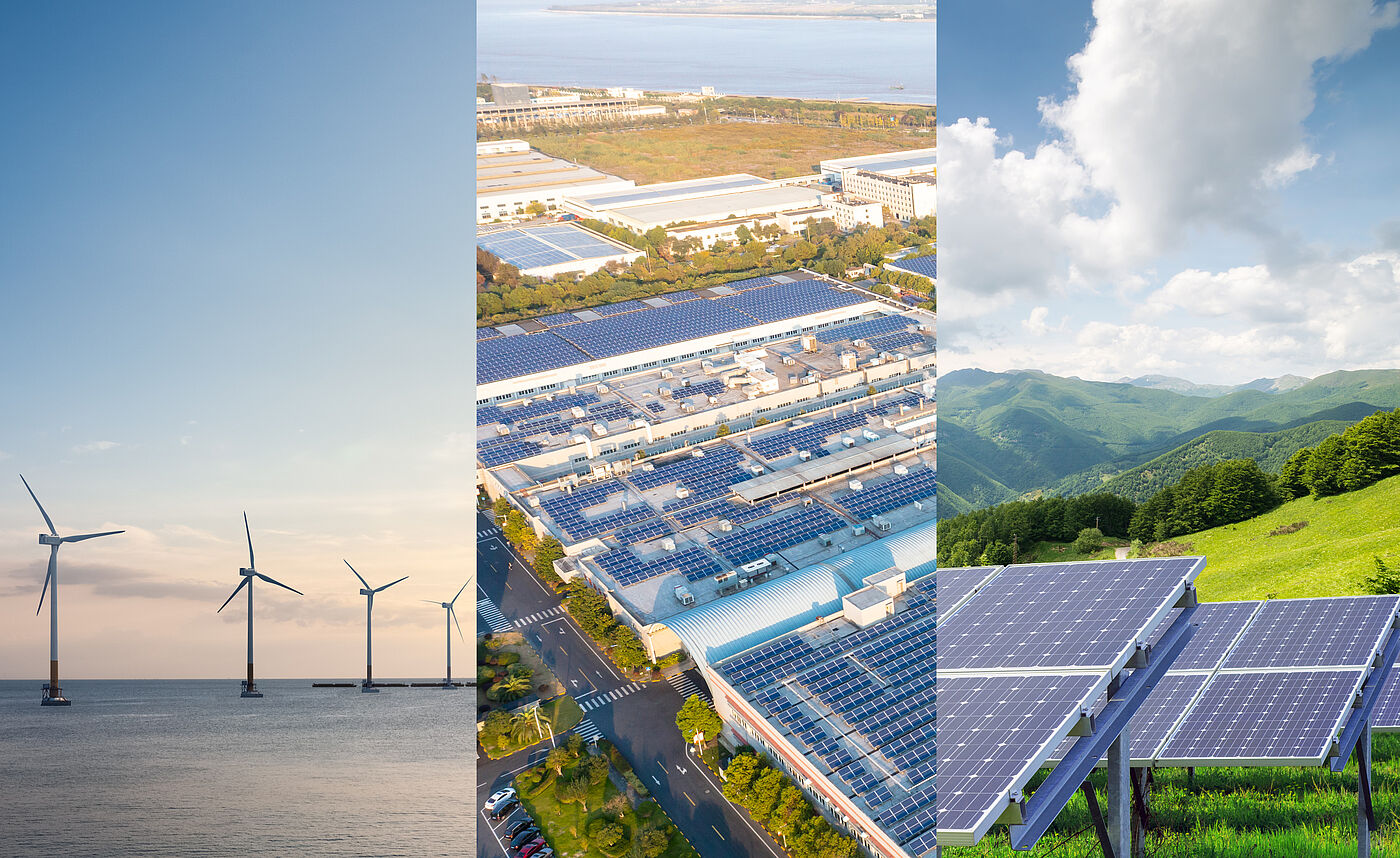 Fotos von Offshore-Windkraftanlagen, einer Fabrik und einer Solaranlage vor alpiner Kulisse