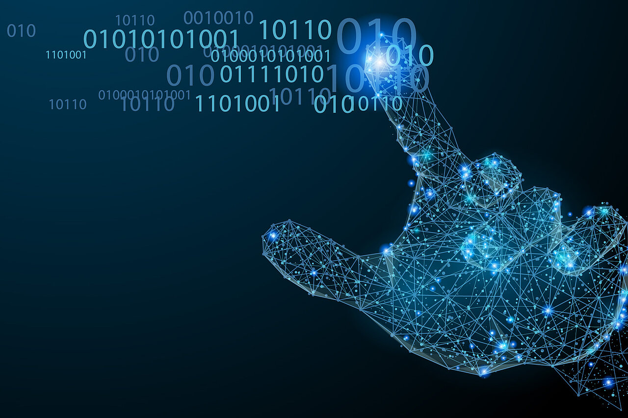 Digitale Hand aus vernetzten Datenpunkten formt Binärzahlen vor dunklem Hintergrund