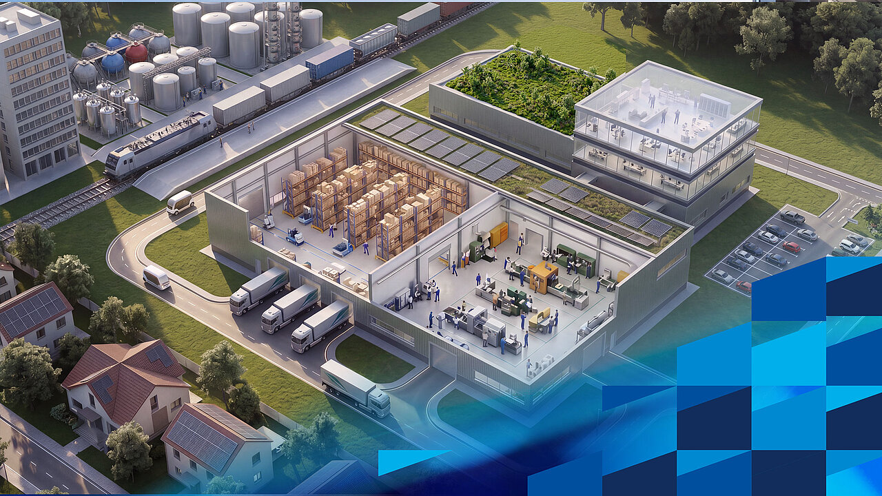 Darstellung eines Industriegebäudes mit Lager, Produktionsbereichen und integrierter Logistikinfrastruktur.