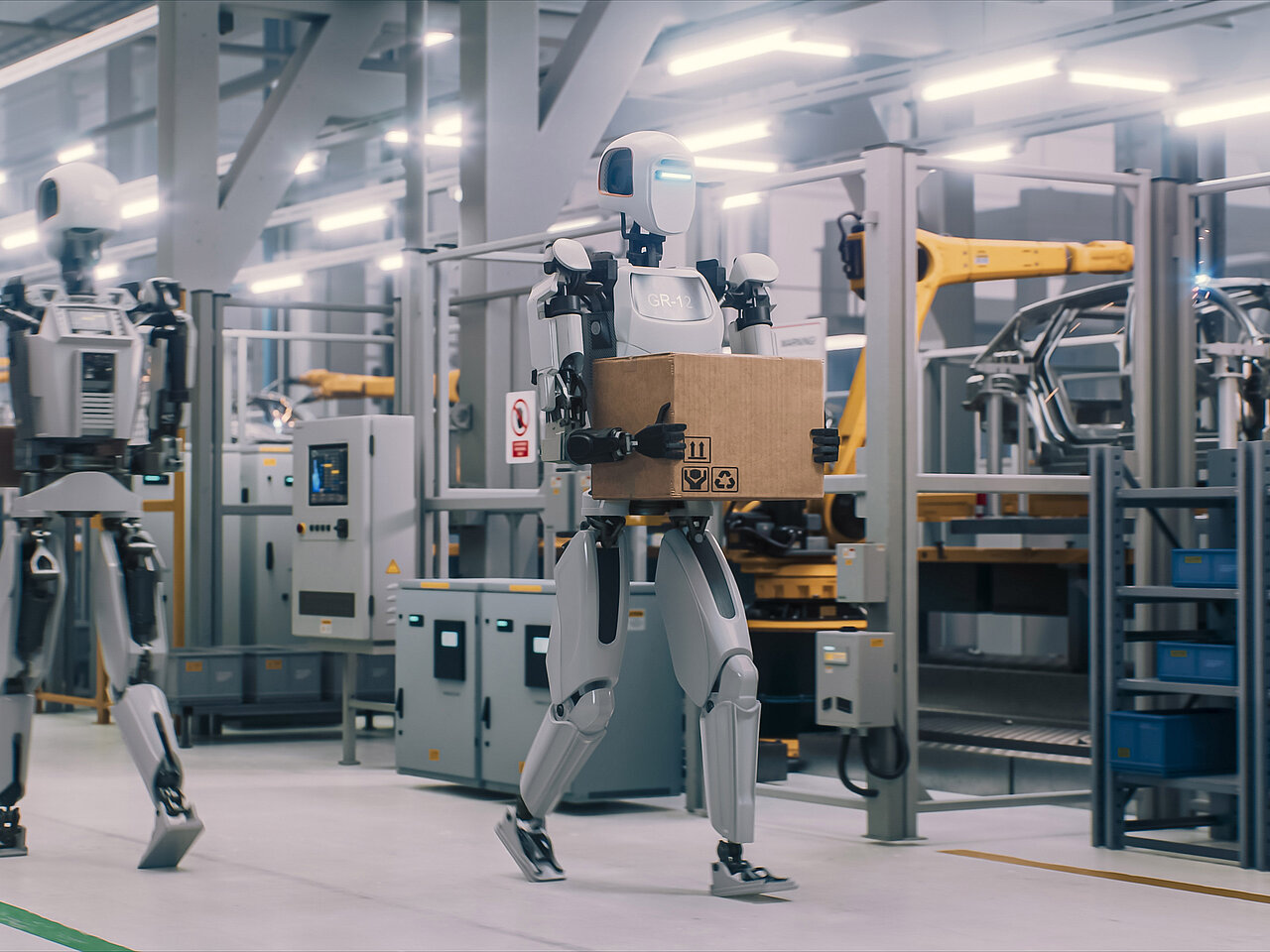 Zwei humanoide Roboter tragen Kartons durch eine Fabrikhalle, im Hintergrund schweißen gelbe Industrieroboter an einer Fahrzeugkarosserie.