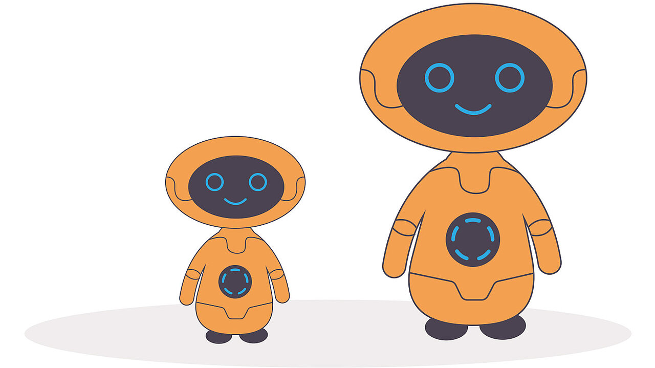 Illustration mit zwei unterschiedlich großen Bots, die nebeneinander stehen und digitale Assistenz symbolisieren.