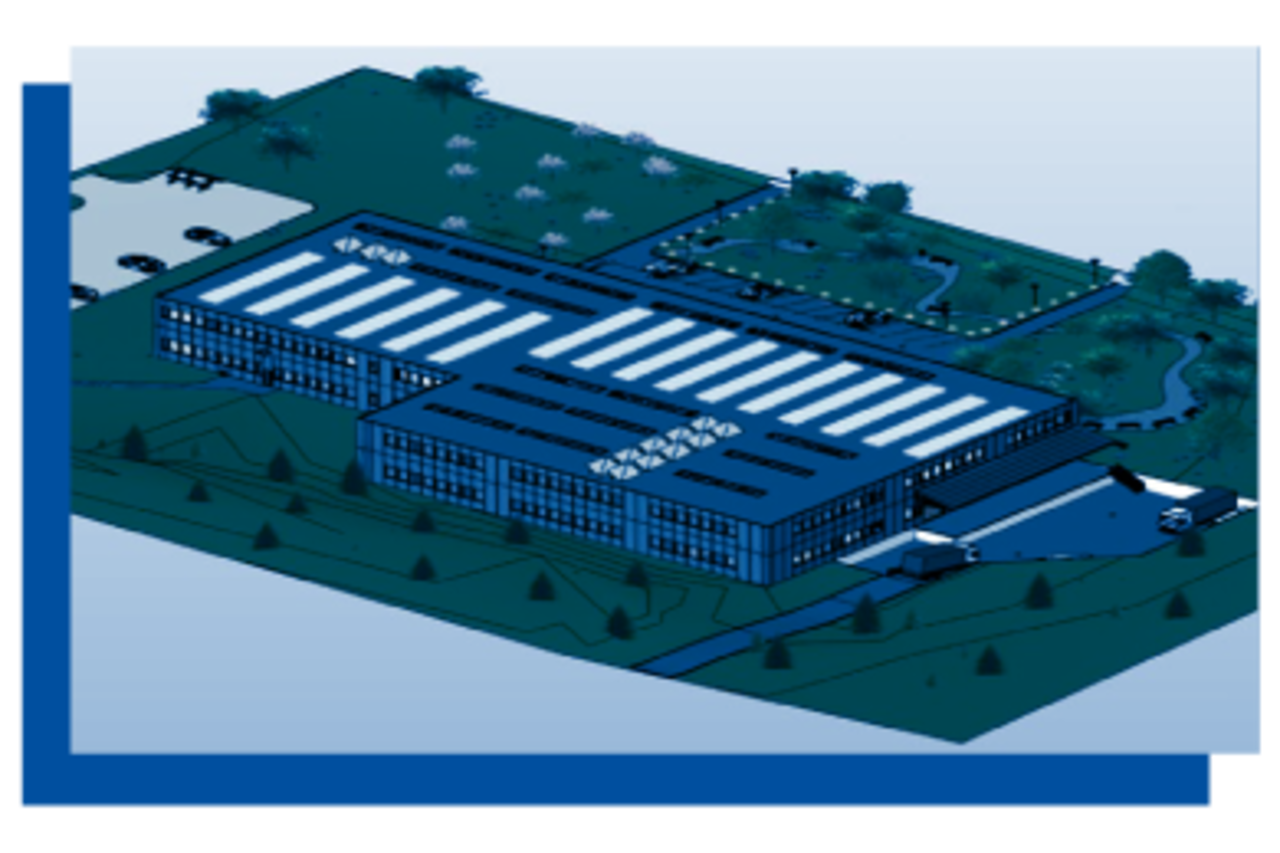 Isometrische 3D‑Darstellung eines Fabrikmodells mit Gebäuden, Verkehrsflächen und Grünbereichen