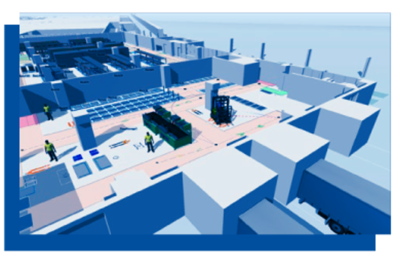 Virtuelle 3D‑Ansicht einer Fabrikhalle mit Produktionslinien, Fahrzeugen und Personenmodellen zur Abbildung von Materialflusssimulation