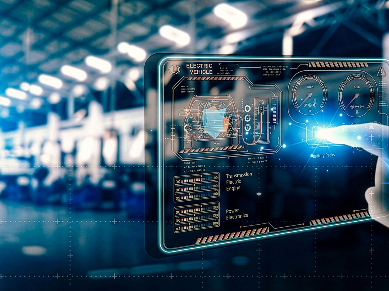 Hand tippt auf ein transparentes digitales Display mit technischen Zeichnungen eines Elektrofahrzeugs, im Hintergrund eine unscharfe Produktionshalle