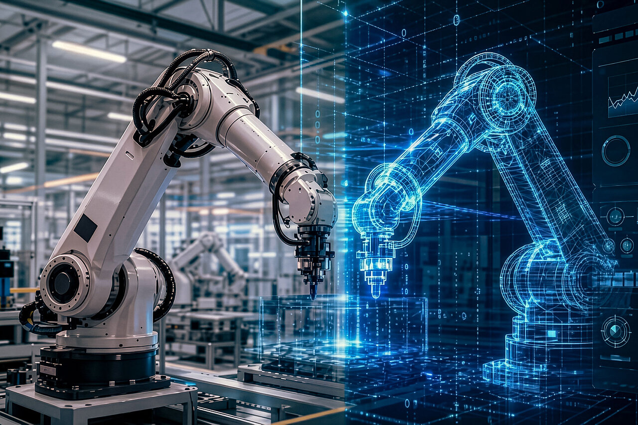 Industrieroboterarm in einer Produktionshalle, dessen rechte Hälfte als blaues digitales Drahtgittermodell mit Datenvisualisierungen dargestellt ist – Symbolbild für digitalen Zwilling.