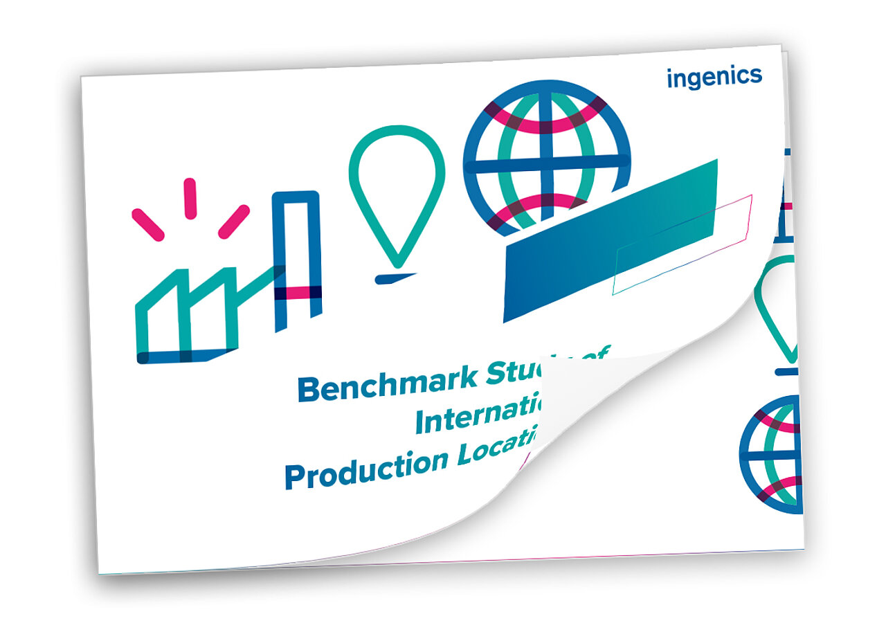 A stack of paper containing illustrations and text relating to the benchmark study of international production sites