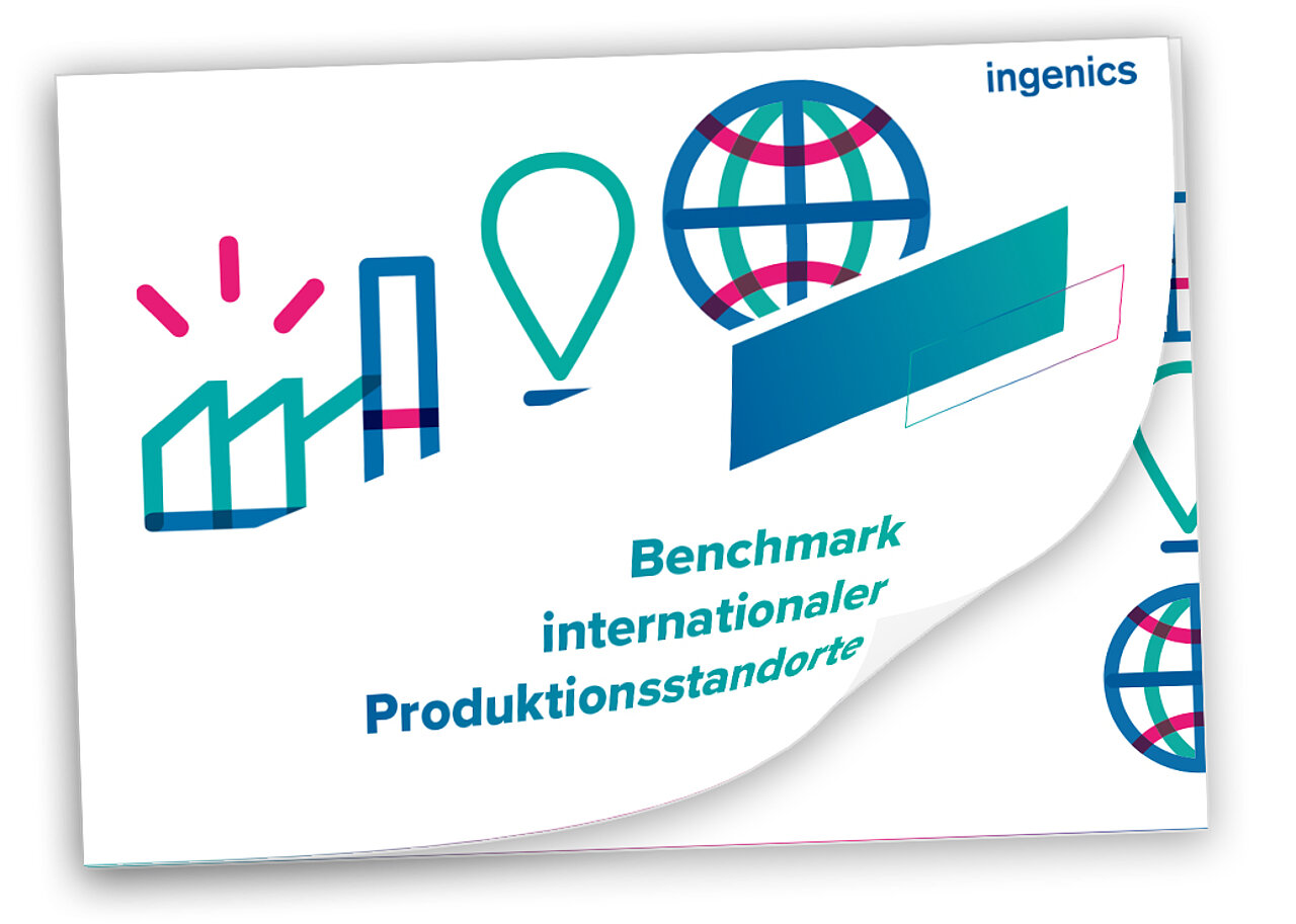 Broschüre zum Benchmark internationaler Produktionsstandorte mit grafischen Symbolen für globale Industrie- und Produktionsnetzwerke.