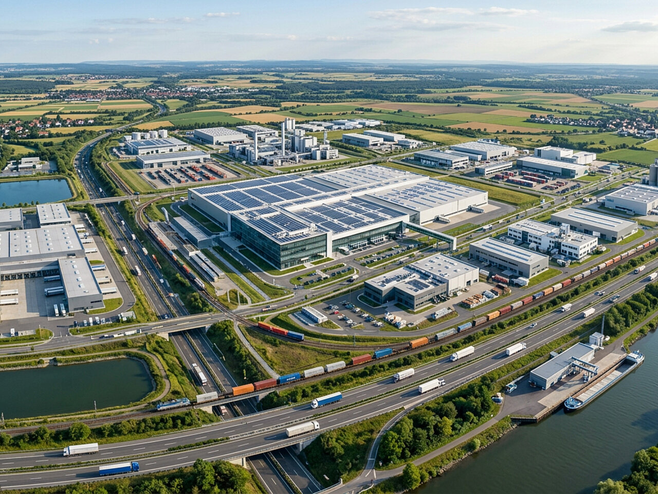 Luftaufnahme eines Industrieparks mit Produktionshallen, Logistikflächen, Bahnanschluss, Autobahn und Hafenanlage.