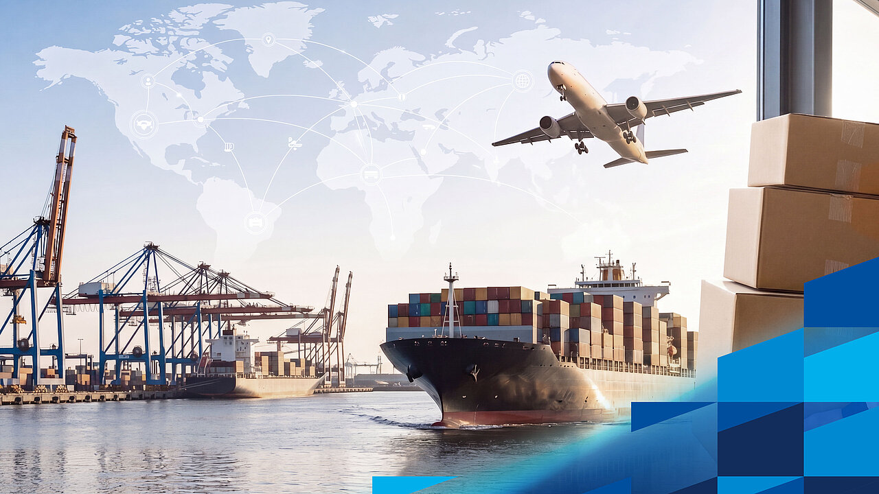 Containerschiff im Hafen, Frachtflugzeug und Person mit Paketen als Symbol für internationale Lieferketten.